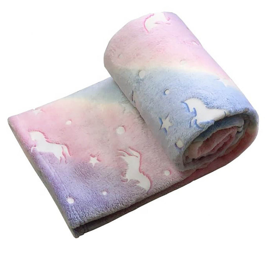 Cozy glow-in-the-dark rainbow unicorn blanket