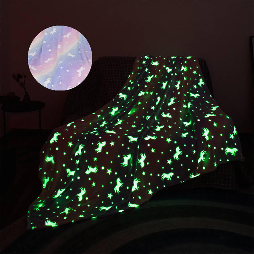 Soft glowing rainbow unicorn blanket for girls.