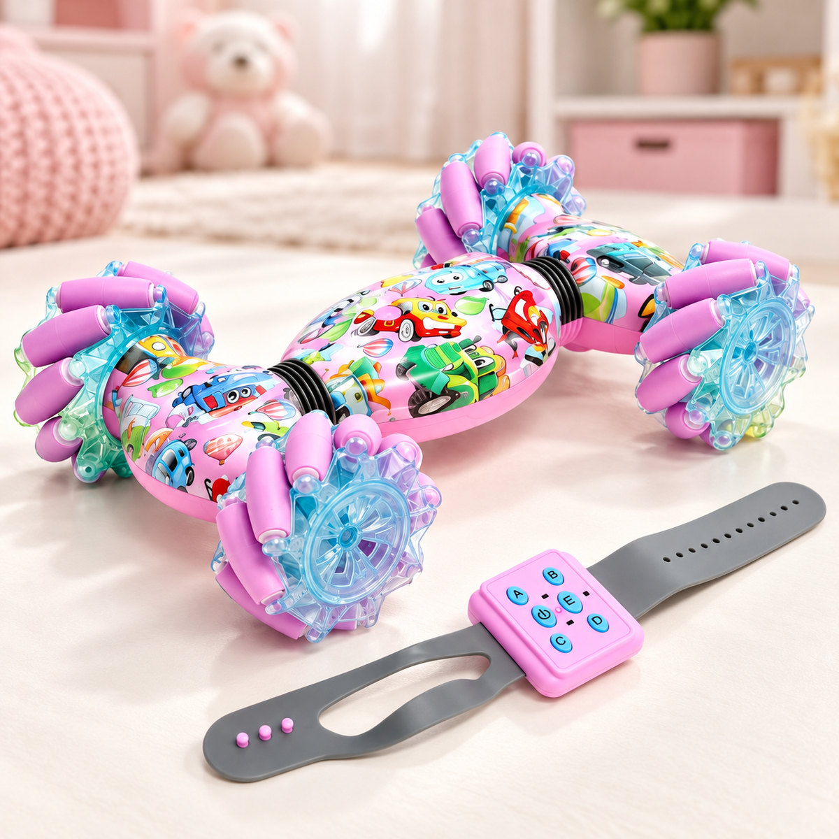 Pink 2.4G stunt car with flexible body, roller wheels and wearable gesture remote on a pastel surface