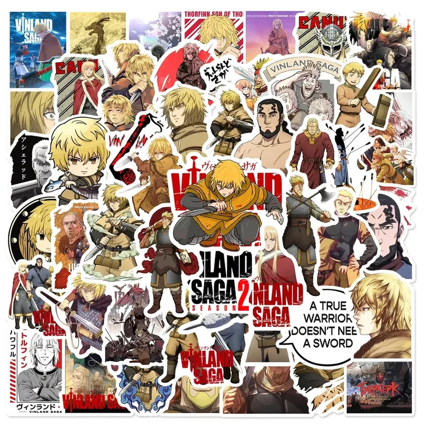 Collage of 'Vinland Saga' anime characters and branding.