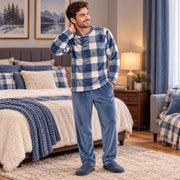 Warm blue plaid fleece winter pajamas modeled standing, full-length front view