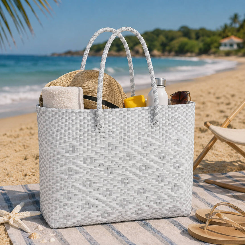 Stylish straw shoulder bag for beach essentials, dual color grey and white