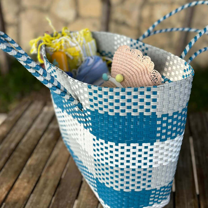 Fashionable beach basket bag for women, blue grey and white color