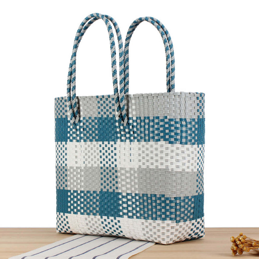 Spacious hand-woven straw tote bag, tricolor grey, petrol, and white