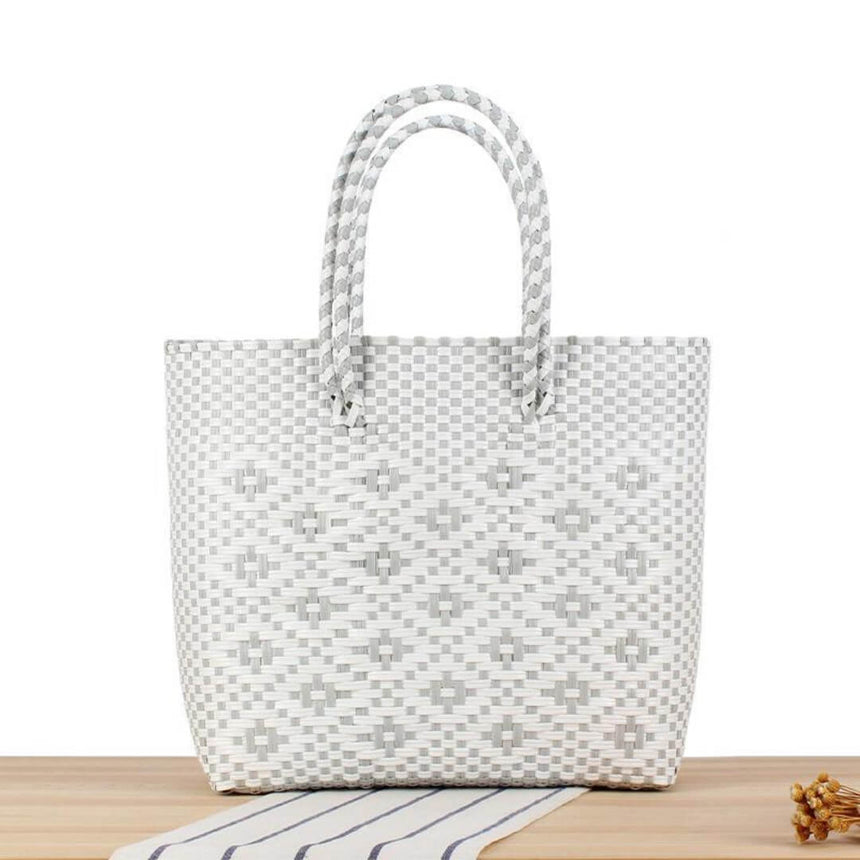 Summer beach basket bag for towels and accessories, grey and white pattern
