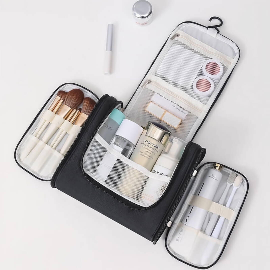 Travel makeup organizer with multiple compartments