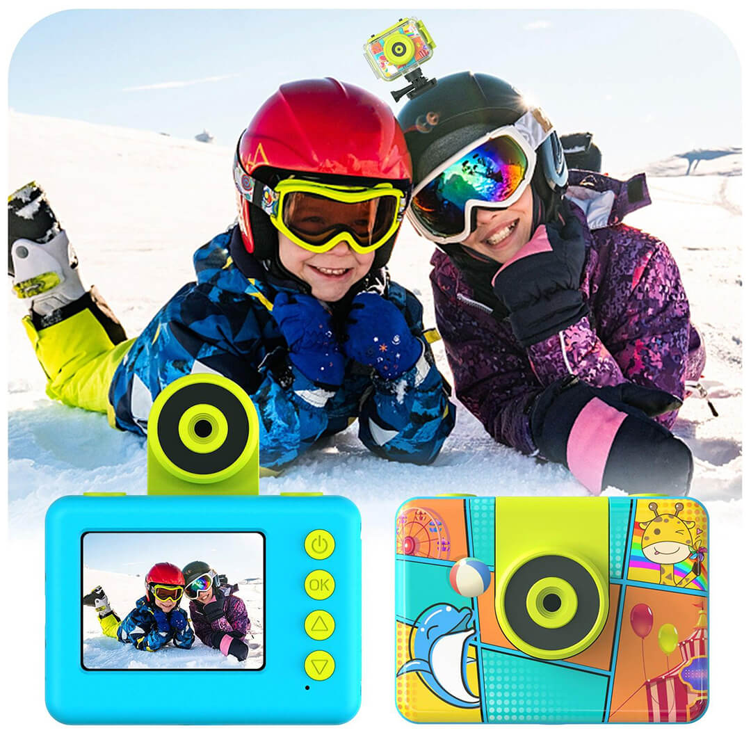 kids camera with protective waterproof case for sports photography in the snow