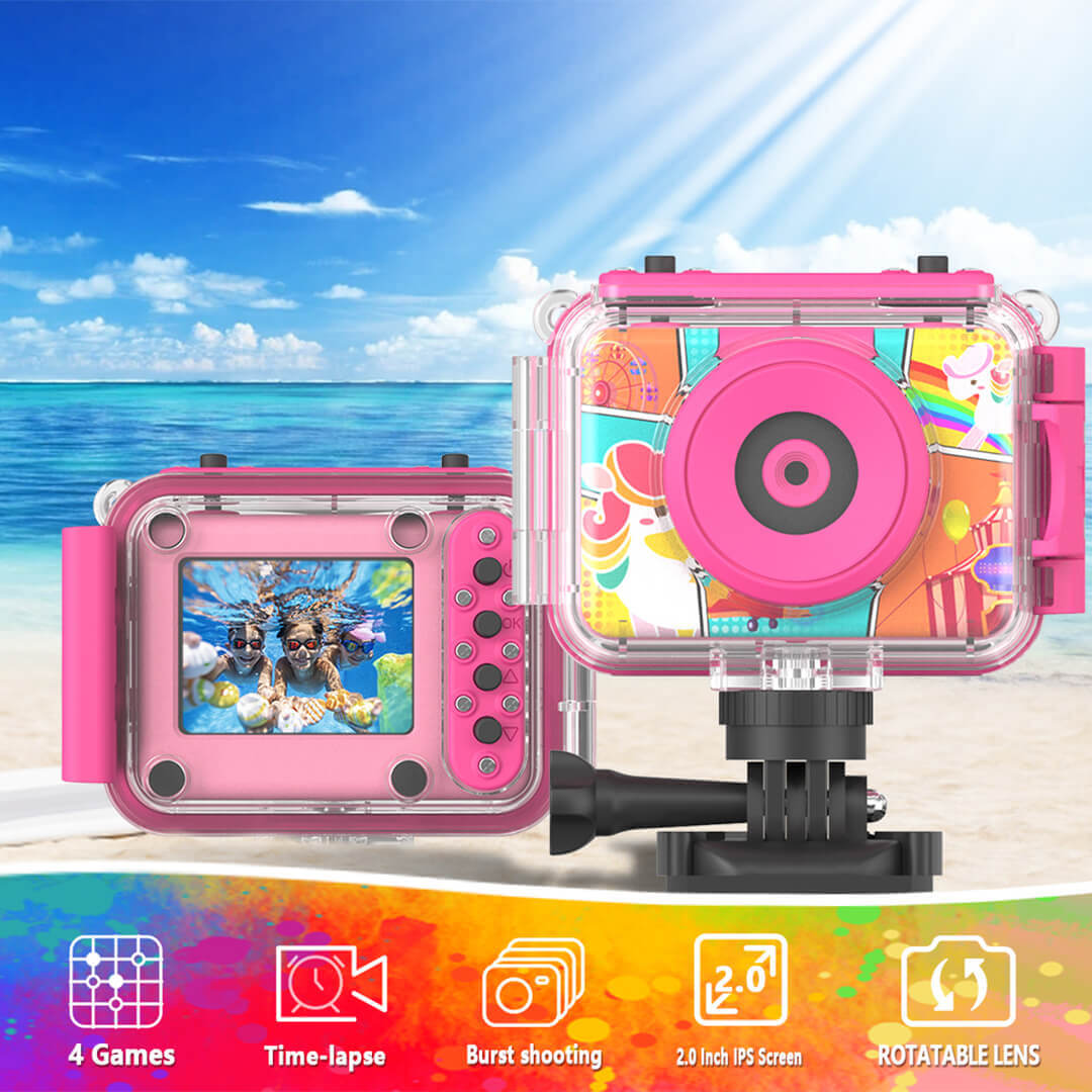 Kids waterproof camera with games and rotatable lens