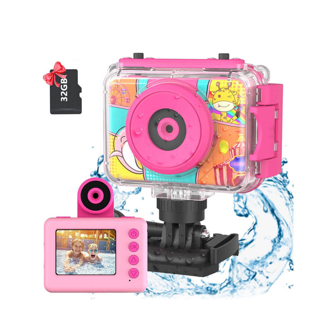 Kids' pink camera with protective waterproof case