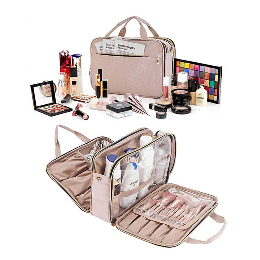 Portable makeup organizer with multiple compartments for travel, light pink