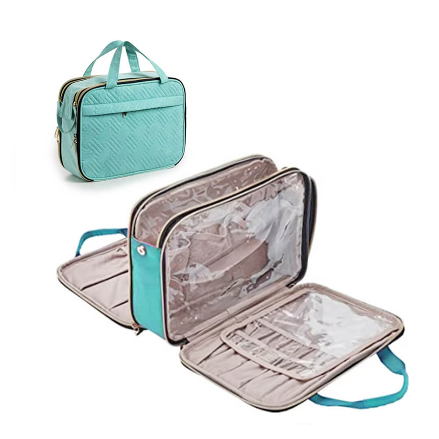 Makeup travel bag with easy-clean interior, teal color