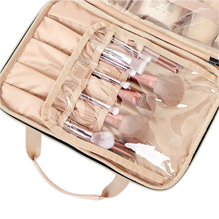 Travel makeup organizer with zippered pockets and brushes compartments