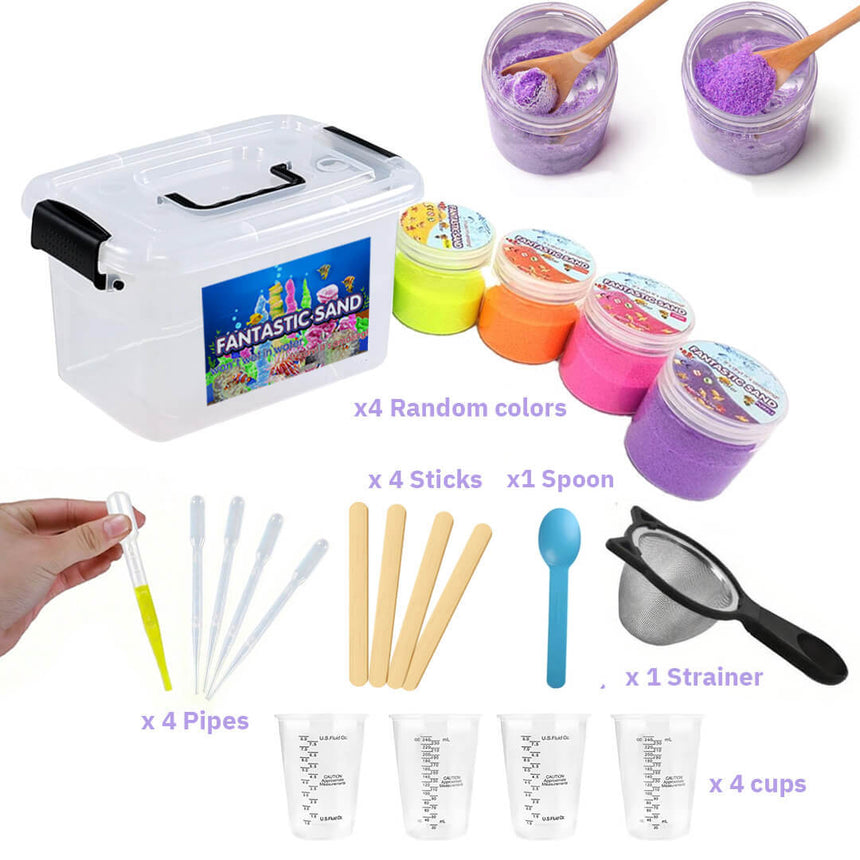 Fantastic sand kit with containers, sticks, a spoon, a strainer, and cups.