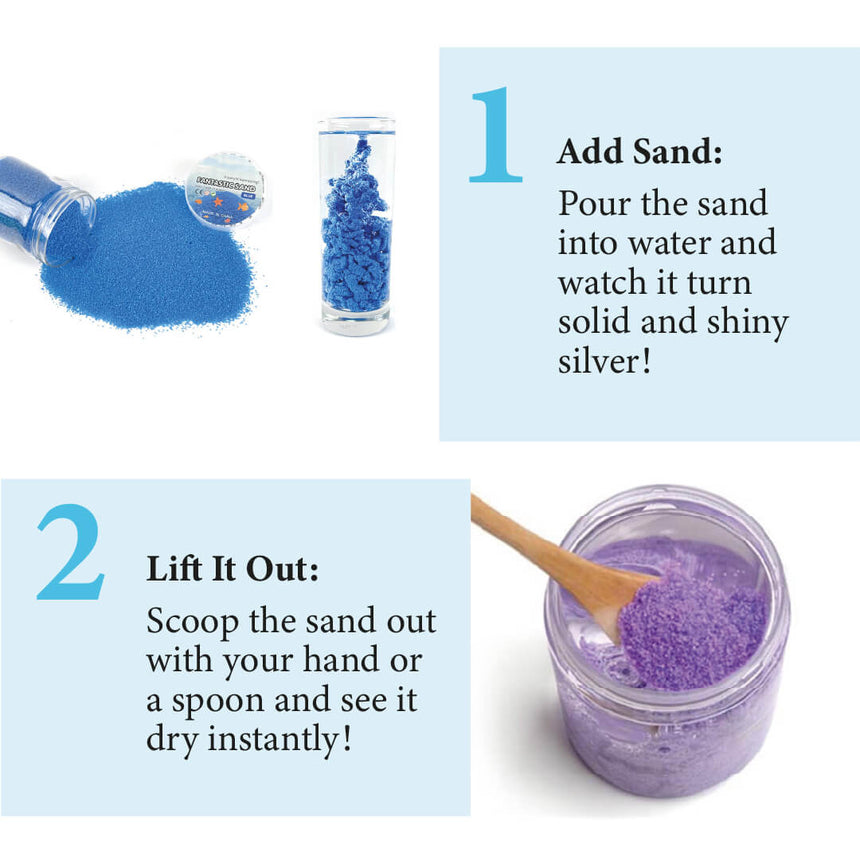 Waterproof sand experiment showing transformation in water, instructions step 1 & 2