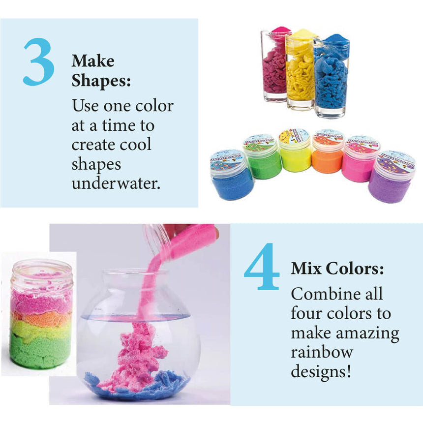 Waterproof sand experiment showing transformation in water, instructions step 3 & 4