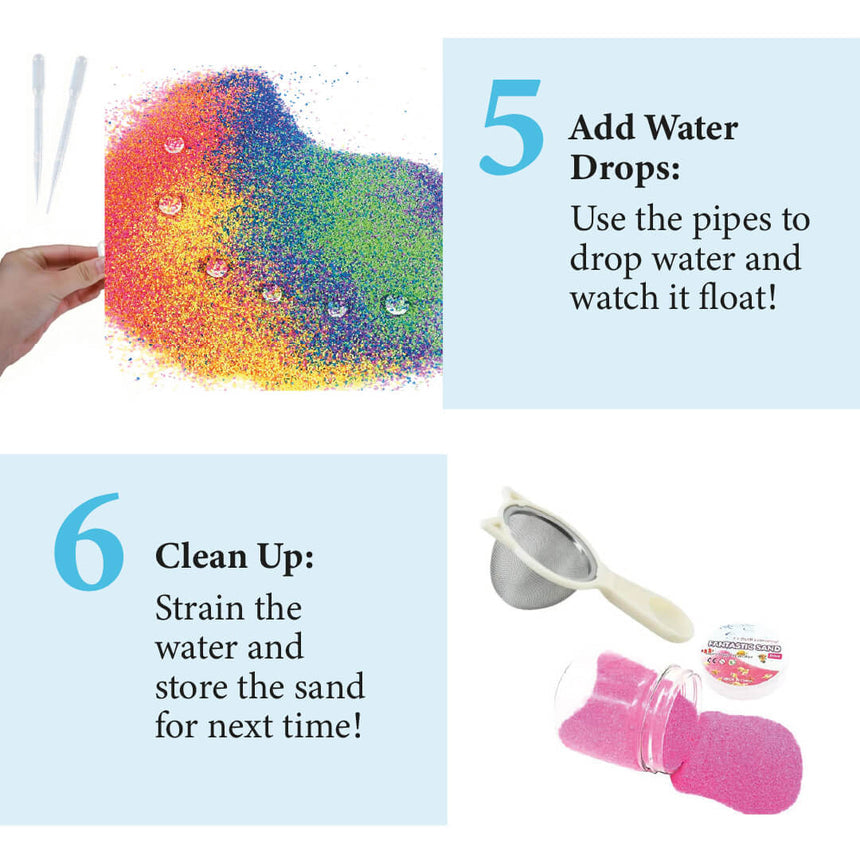 Waterproof sand experiment showing transformation in water, instructions step 5 & 6