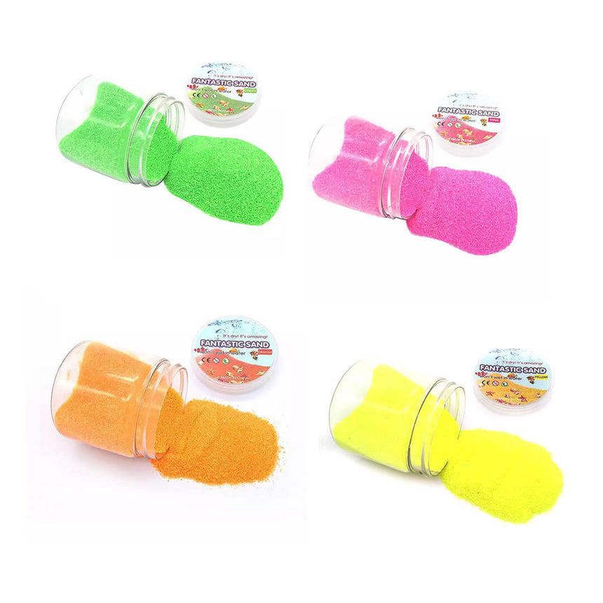Four containers of colorful reusable magic sand for kids.