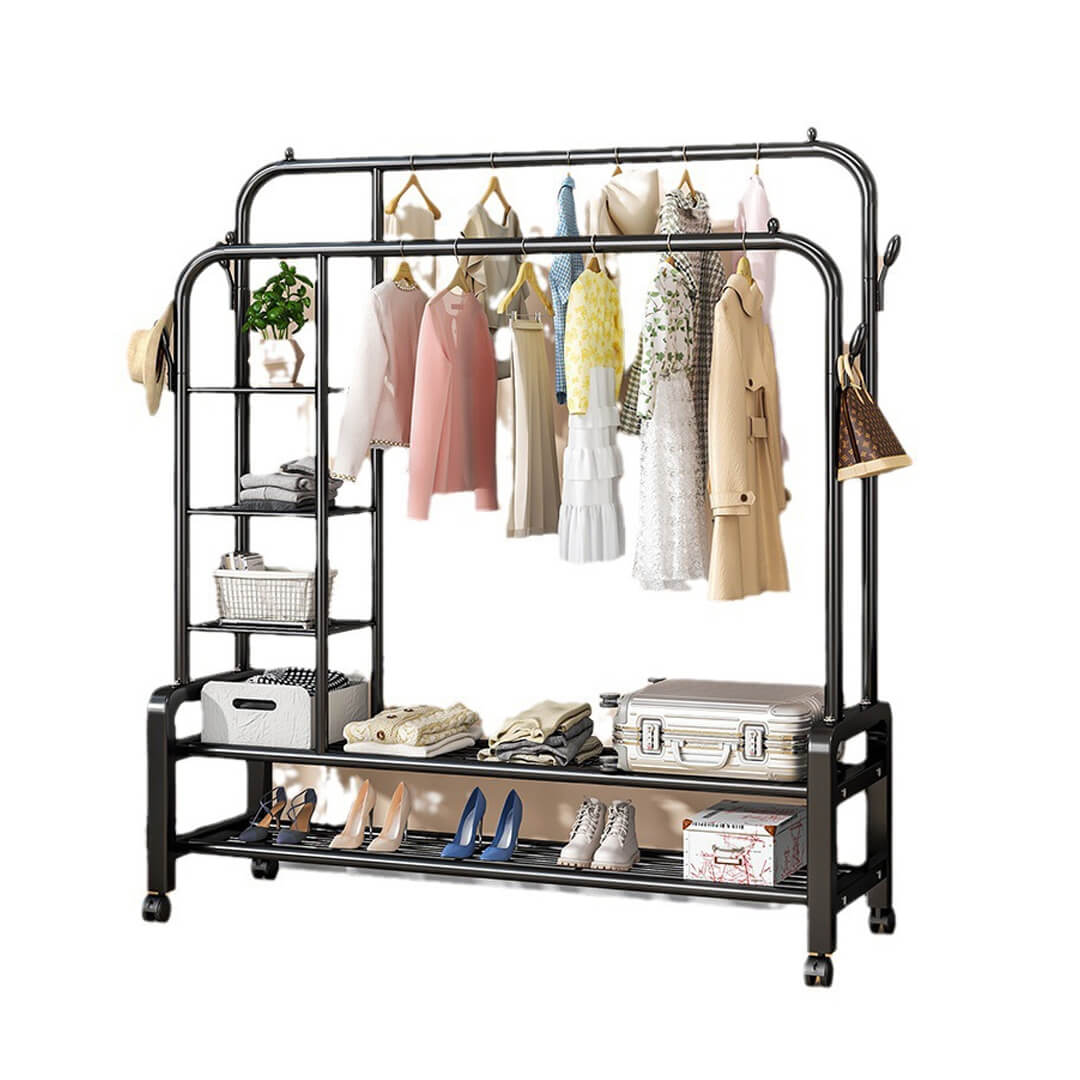 Metal clothes rack with wheels for bedroom storage