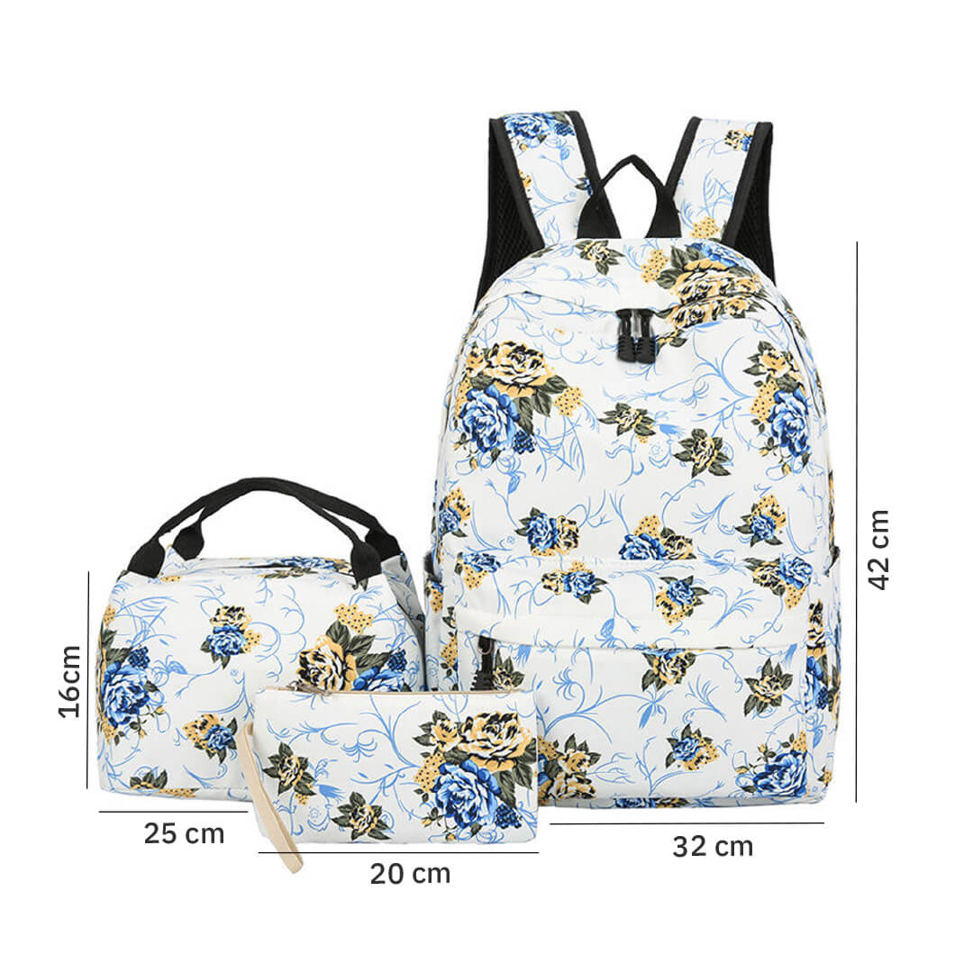 Green, blue, and yellow floral school backpack set for girls in grade 9 to 12