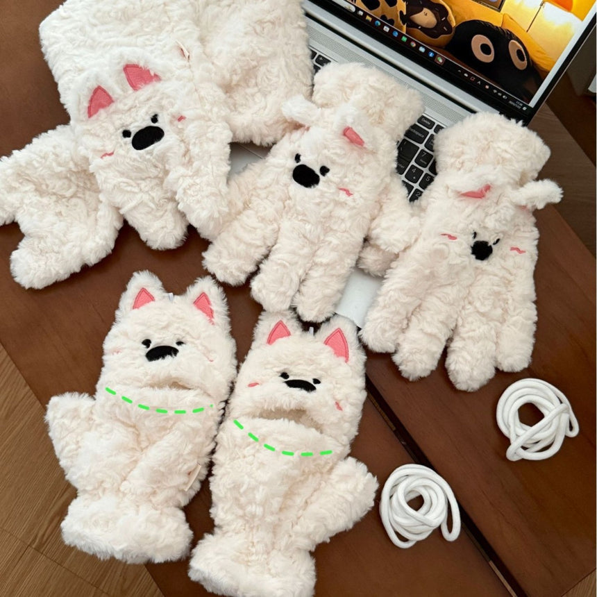 White fluffy kitten gloves with pink ears available as convertible flip-top or five-finger styles