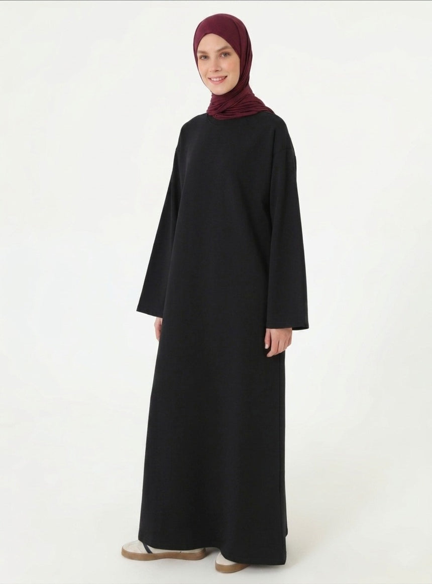 Black Crewneck Sweatshirt Dress with Wide Sleeves