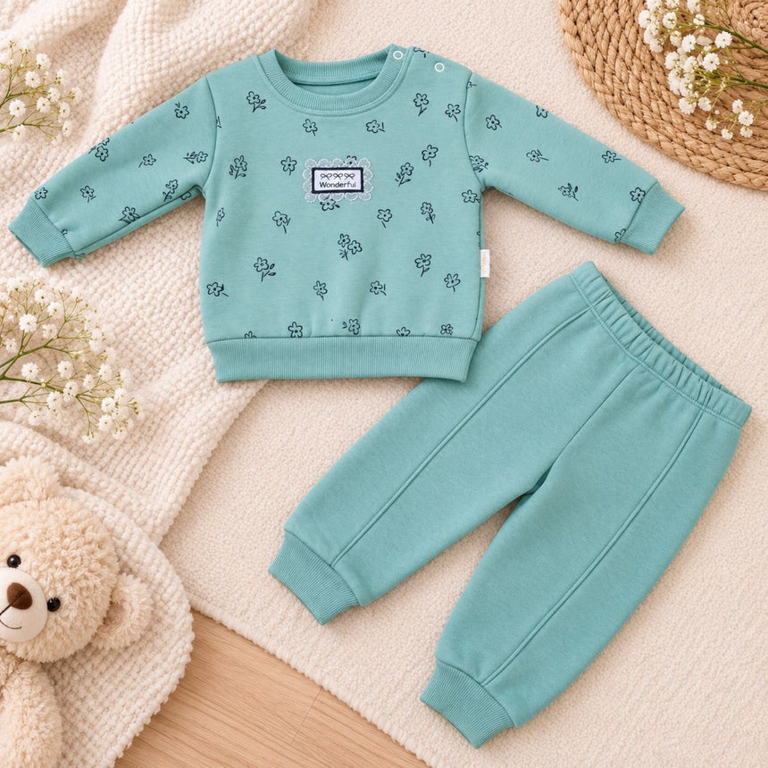 Two piece girls fleece outfit mint floral flat lay