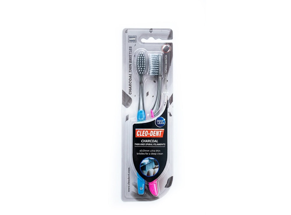 Cleo Dent Tooth Brush Charcoal Thin Bristles Duo Pack