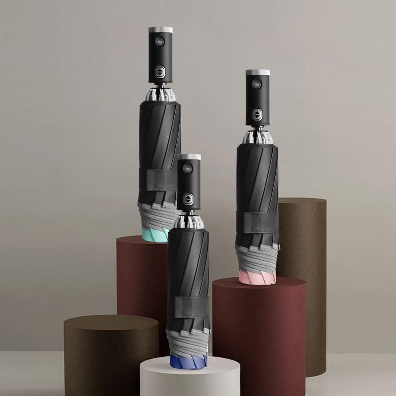 Automatic 3-Fold Inverted Umbrella with Built-In LED Light - Navy