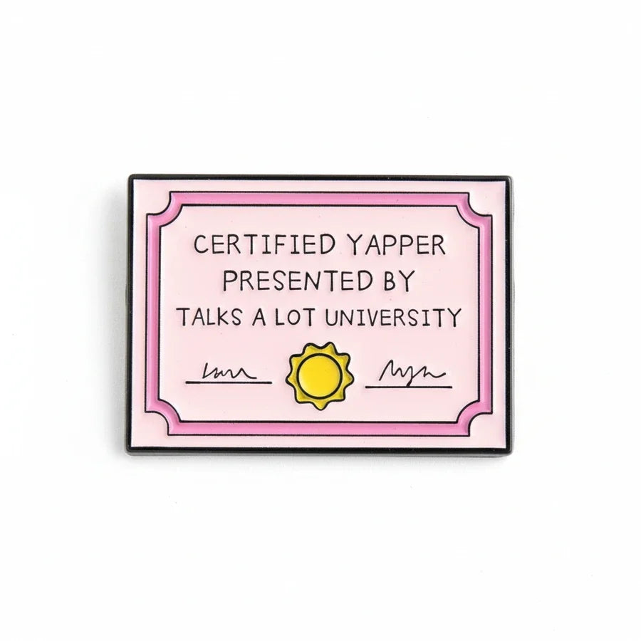 Certified Yapper certificate with a pink border and yellow sun icon on a white background