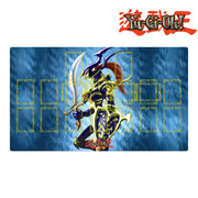 Yu-Gi-Oh! game mat with a character design on a blue background