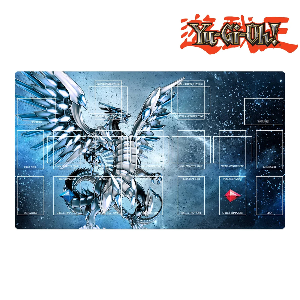 Yu-Gi-Oh! playmat with dragon design and branding on a white background
