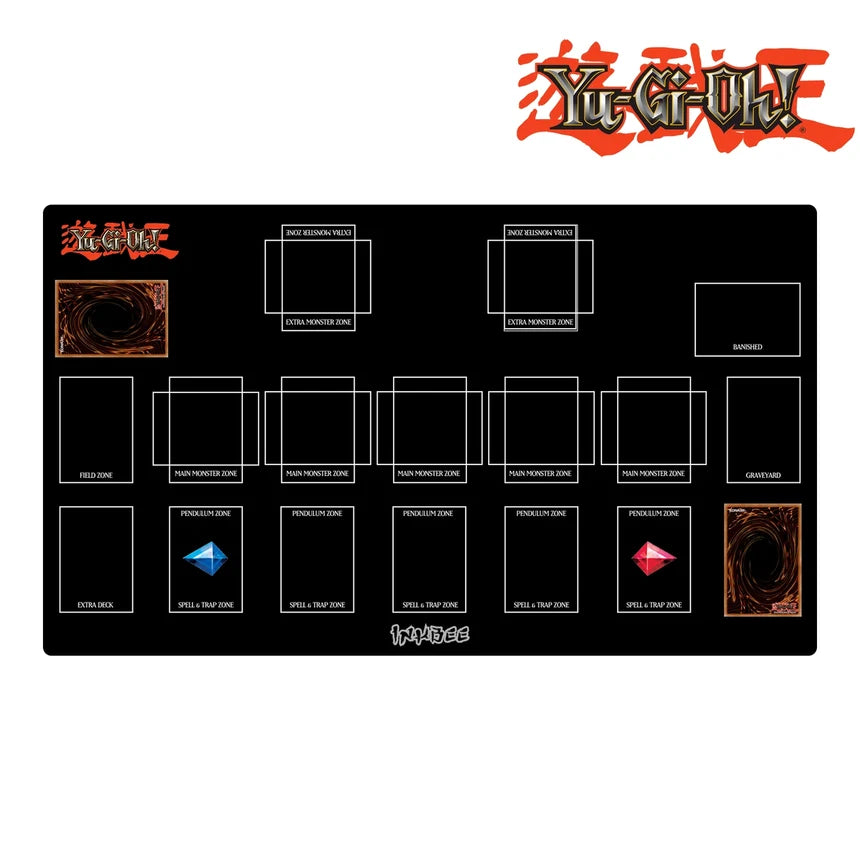 black yu gi oh desk mat placed on a white backgroun