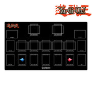 black yu gi oh desk mat placed on a white backgroun