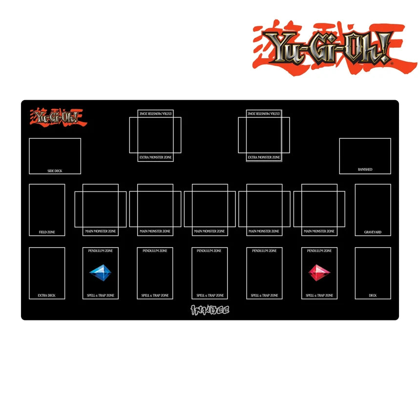black yu gi oh desk mat placed on a white backgroun