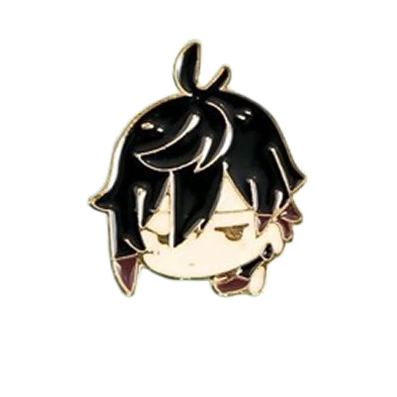 Pin with a black and white character design on a white background