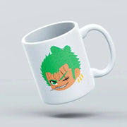 A white ceramic mug with a printed icon of the character Zoro from the anime One Piece.