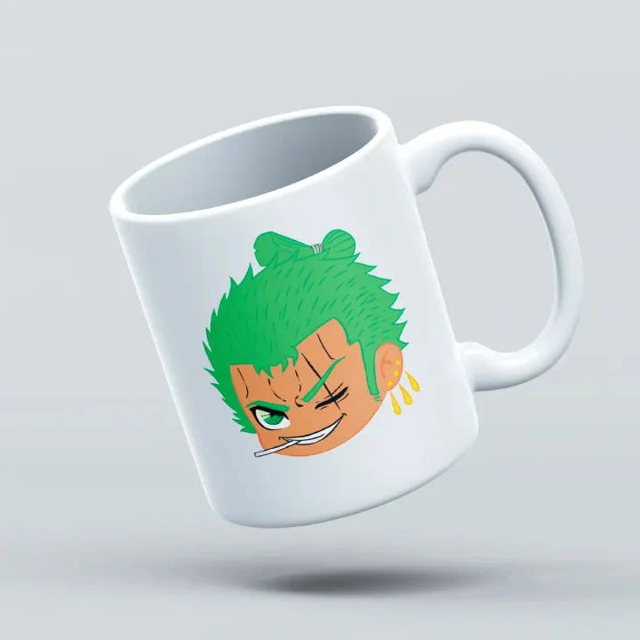A white ceramic mug with a printed icon of the character Zoro from the anime One Piece.